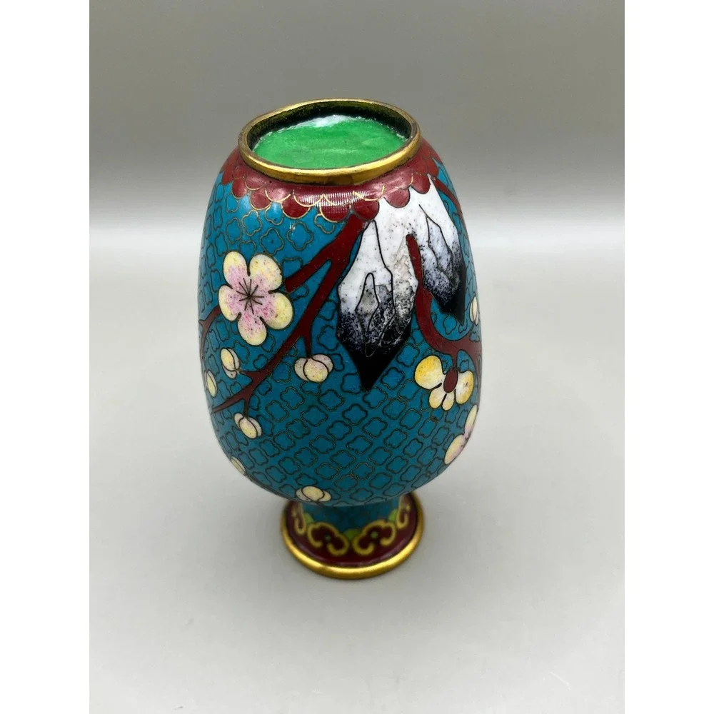 Vtg Chinese Cloisonne Enamel Miniature Vase Turquoise Cherry Blossom 4